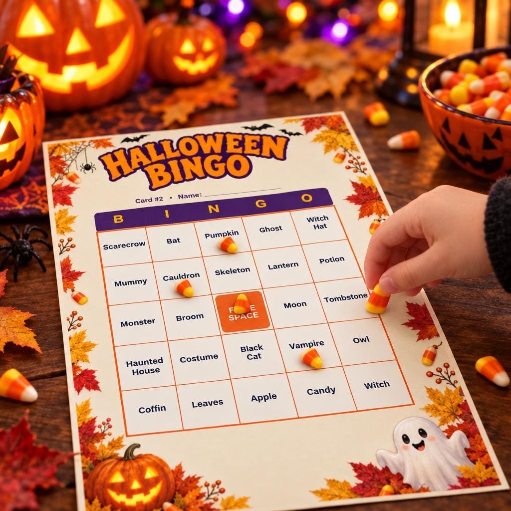 Child playing printable Halloween bingo with candy corn as markers