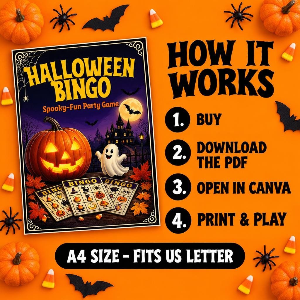 How the Halloween bingo printable works: buy, download the PDF, open in Canva, print and play