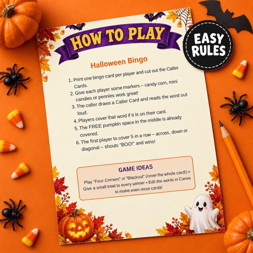 How to play Halloween bingo rules page with easy game instructions