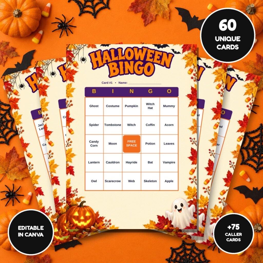Halloween bingo printable with 60 unique bingo cards and 75 caller cards, editable in Canva