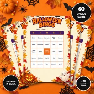Halloween bingo printable with 60 unique bingo cards and 75 caller cards, editable in Canva