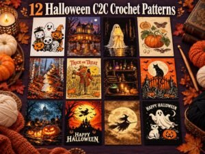 Halloween C2C crochet blanket pattern collage showing 12 designs: a black cat, a witch on a broomstick, ghosts, a haunted house and pumpkins