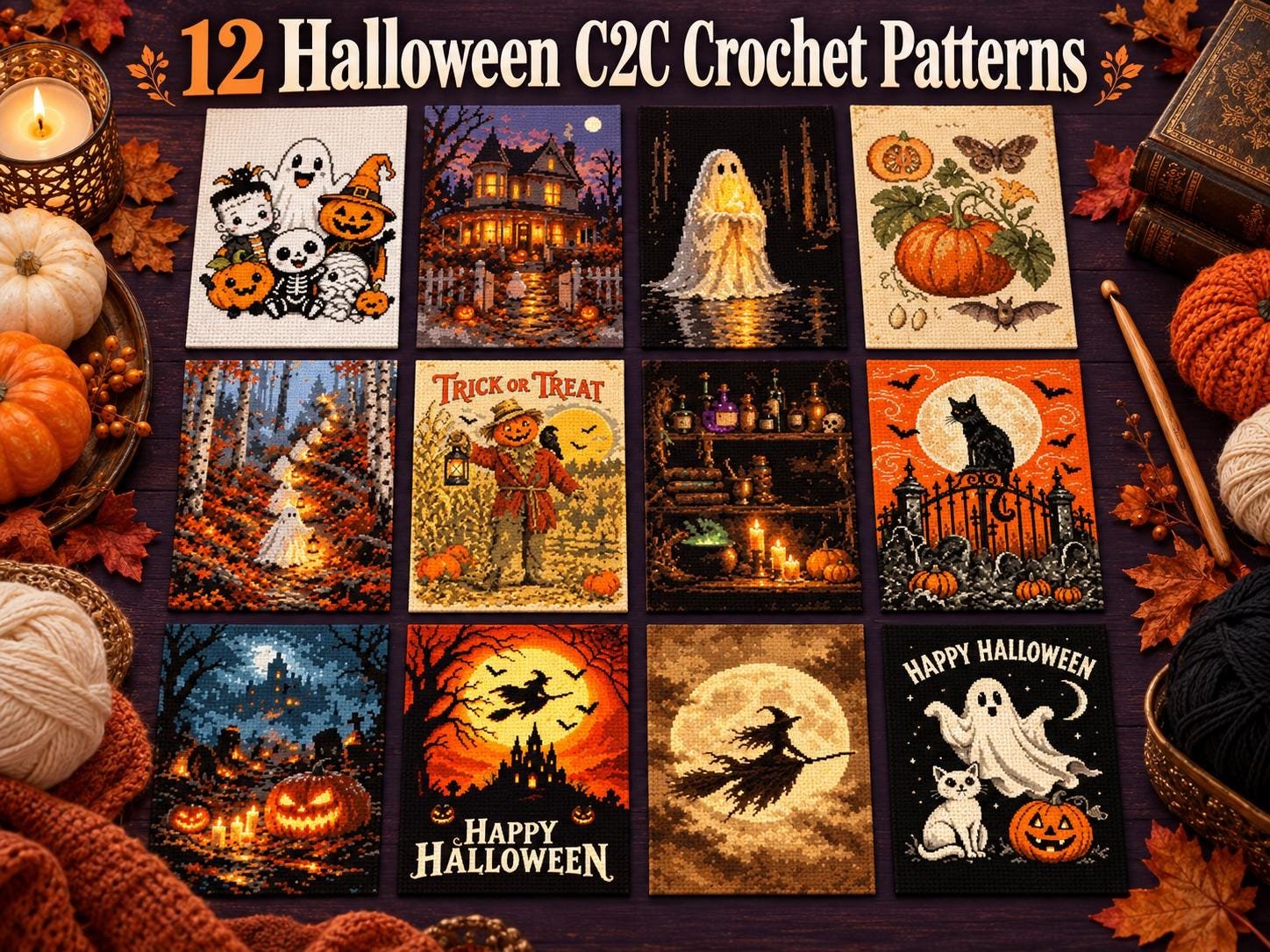 Halloween C2C crochet blanket pattern collage showing 12 designs: a black cat, a witch on a broomstick, ghosts, a haunted house and pumpkins