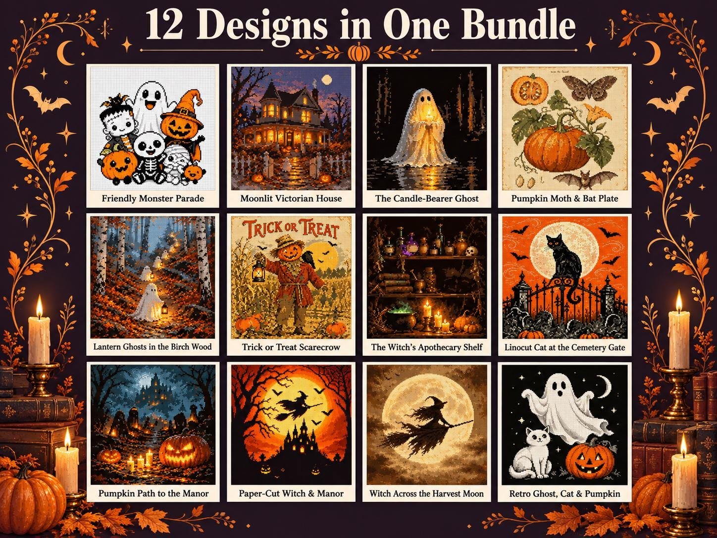 Grid of twelve spooky C2C graph designs with names such as Moonlit Victorian House, Black Cat at the Cemetery Gate and Witch Across the Harvest Moon