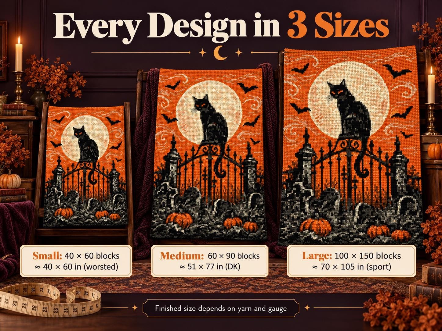 Black cat Halloween blanket shown in small 40 x 60, medium 60 x 90 and large 100 x 150 block sizes