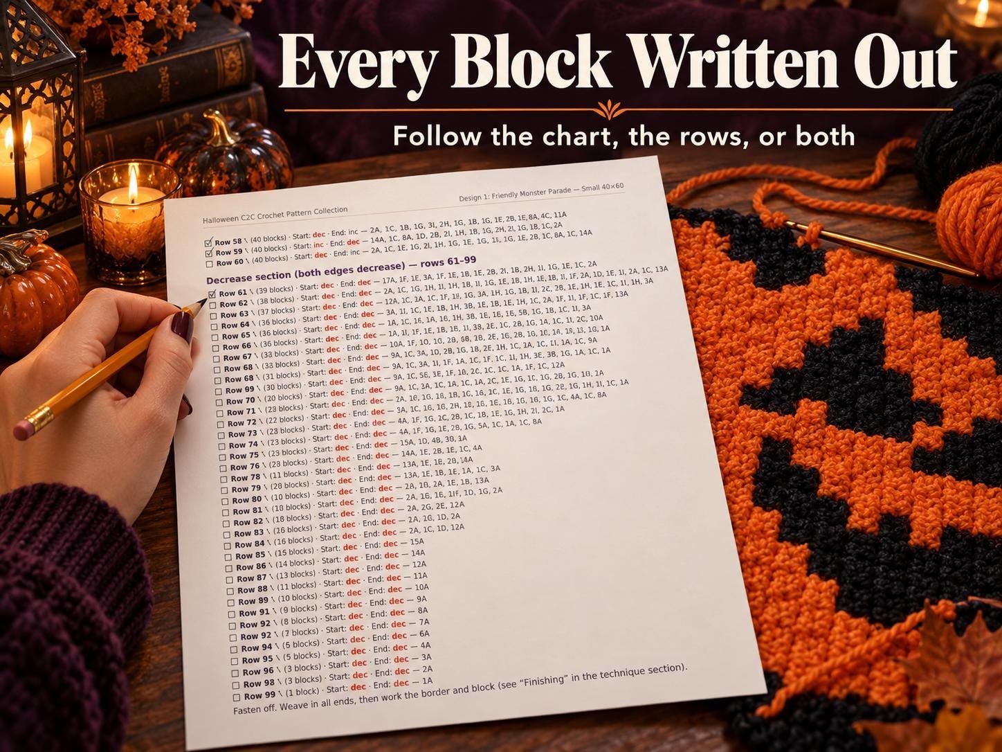 Hand following printed written C2C row instructions next to a black and orange crocheted section of the blanket
