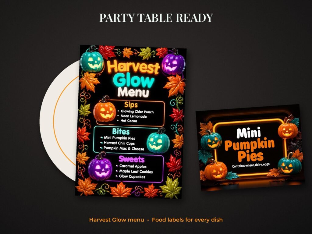 Harvest Glow Halloween party menu and buffet food label tent card