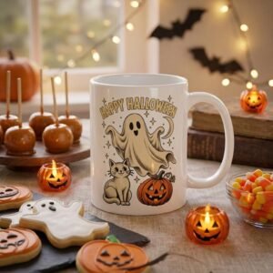 Cute Halloween gifts for her: a white ceramic mug with a ghost, a cat and a jack-o-lantern on a table with candles and caramel apples