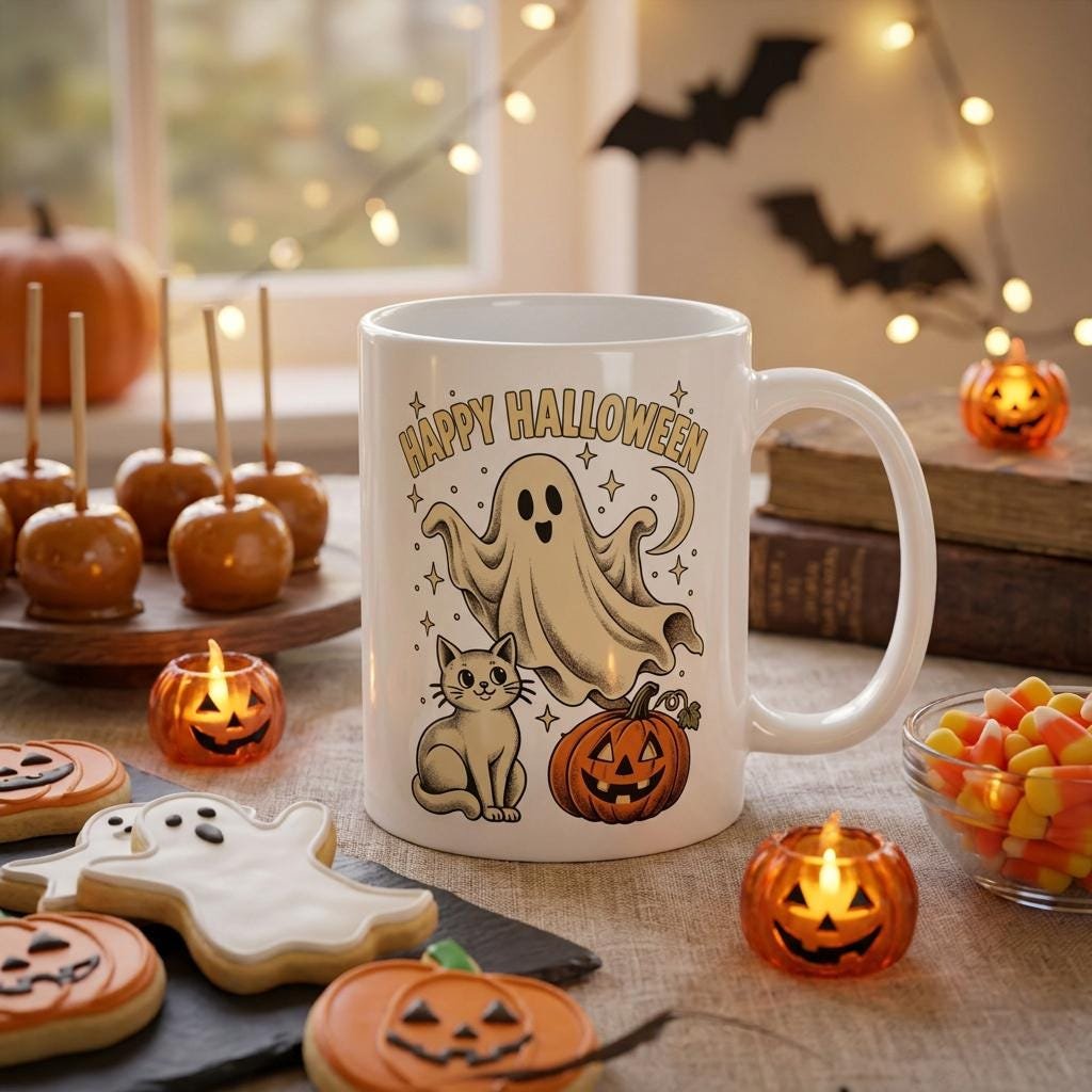 Cute Halloween gifts for her: a white ceramic mug with a ghost, a cat and a jack-o-lantern on a table with candles and caramel apples