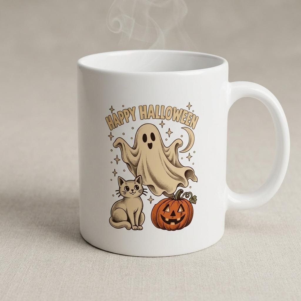 White ceramic Happy Halloween mug with a vintage ghost, a wide-eyed cat and a carved pumpkin