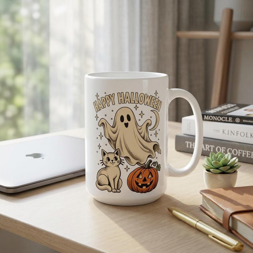 Ghost and cat Halloween mug on a desk next to a laptop and books