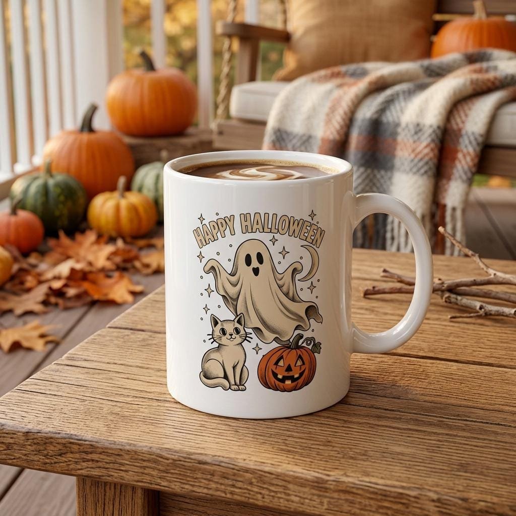 Ghost and cat Halloween mug filled with coffee on a wooden table with pumpkins and autumn leaves