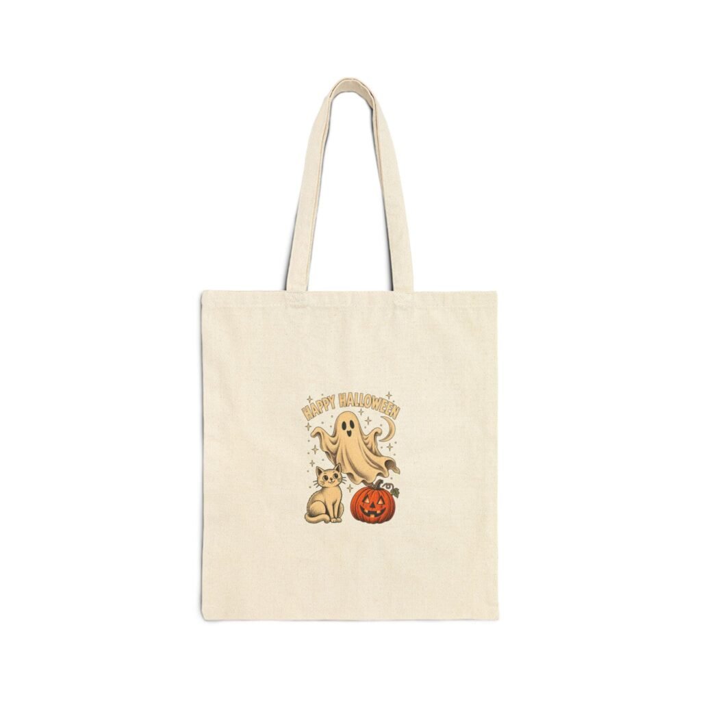 Natural cotton canvas tote bag with a ghost, cat and pumpkin Halloween illustration