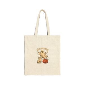 Natural cotton canvas tote bag with a ghost, cat and pumpkin Halloween illustration