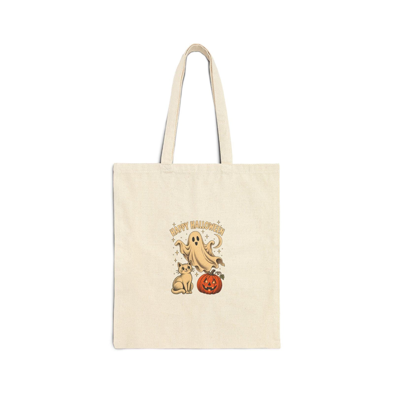 Natural cotton canvas tote bag with a ghost, cat and pumpkin Halloween illustration