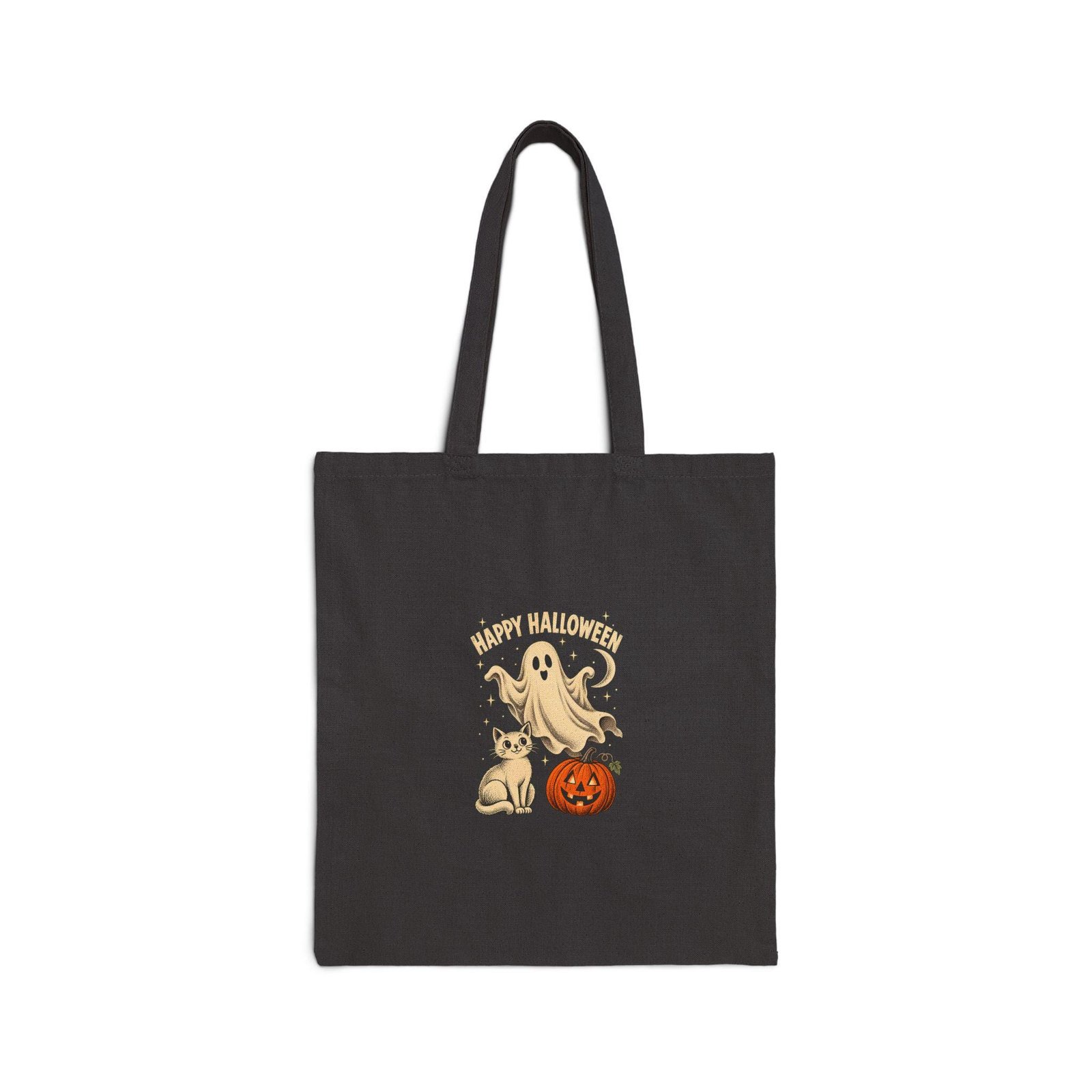 Black cotton canvas tote bag with the same ghost, cat and pumpkin Halloween print