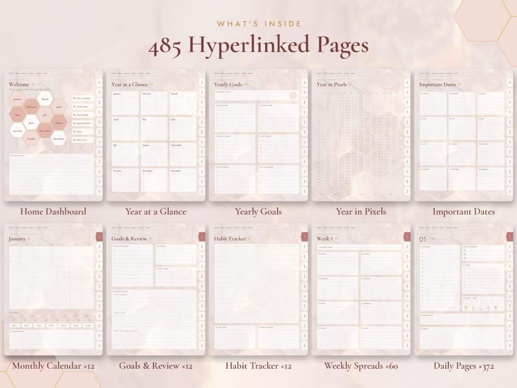 Yearly, monthly and goal pages in an undated digital planner for setting 2027 goals