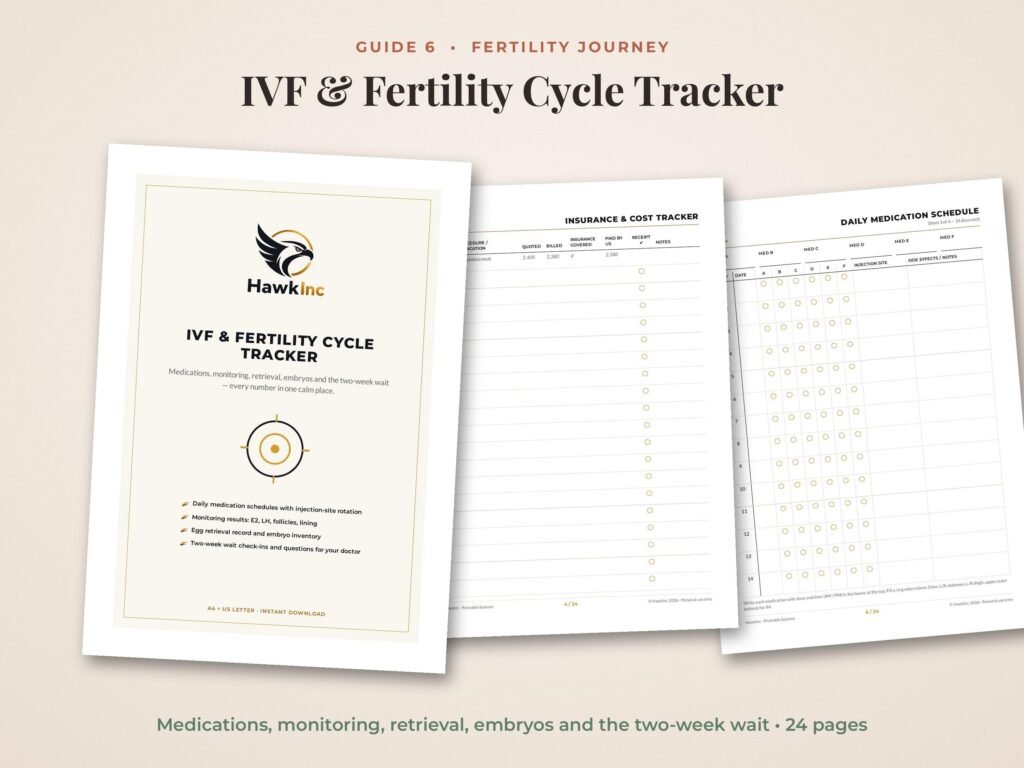 IVF and fertility cycle tracker pages for medication schedules and monitoring results