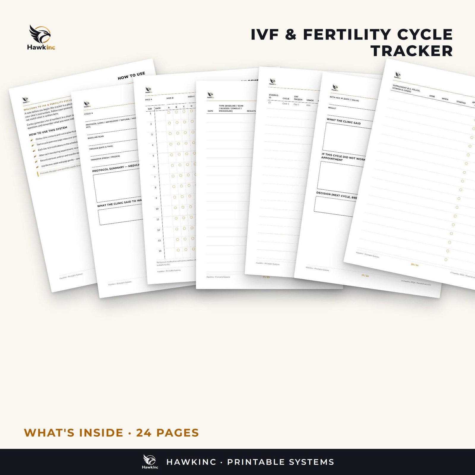 Fanned interior pages of an IVF cycle tracker showing contacts, cycle overview and daily medication logs