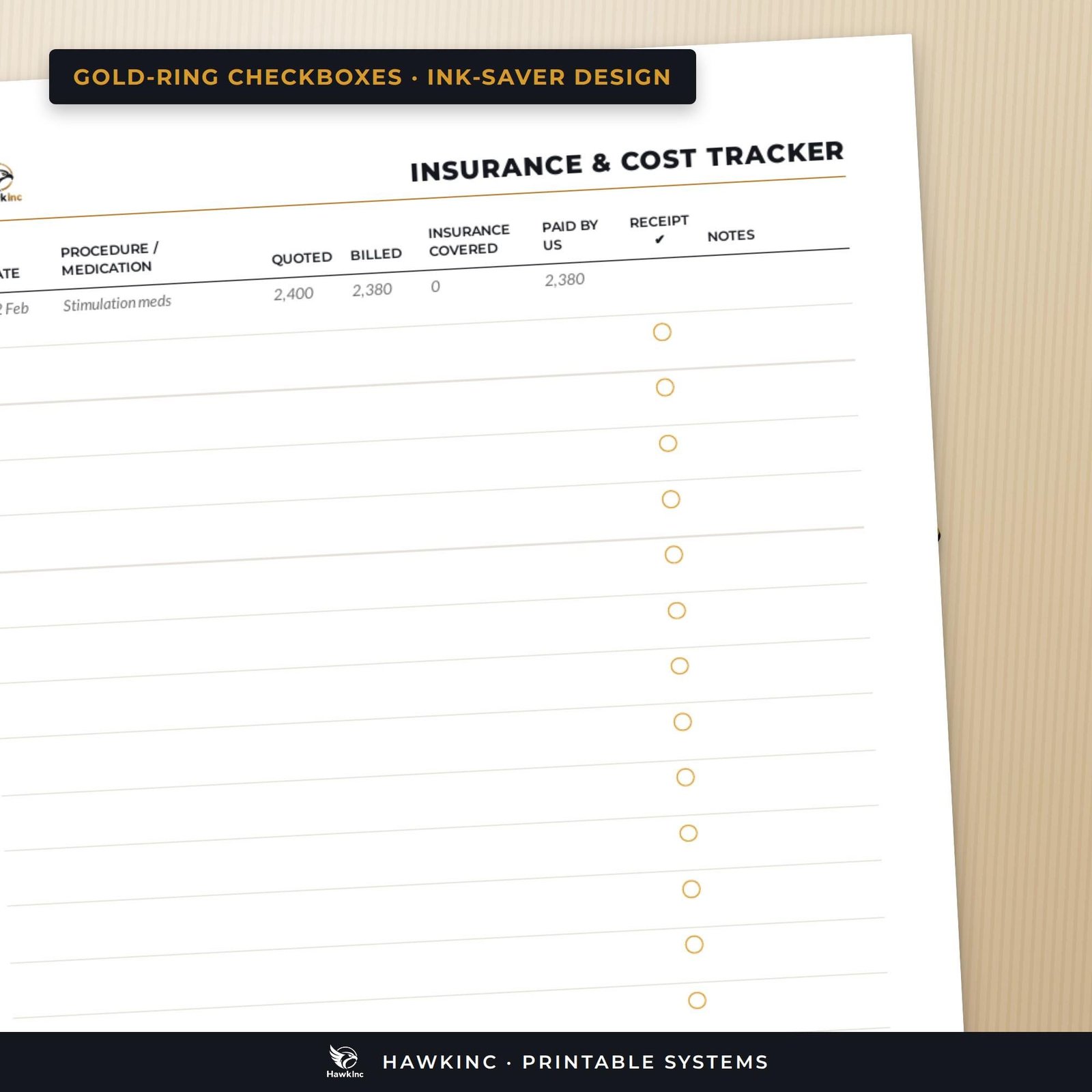 Close-up of a printable IVF tracker page with gold-ring checkboxes