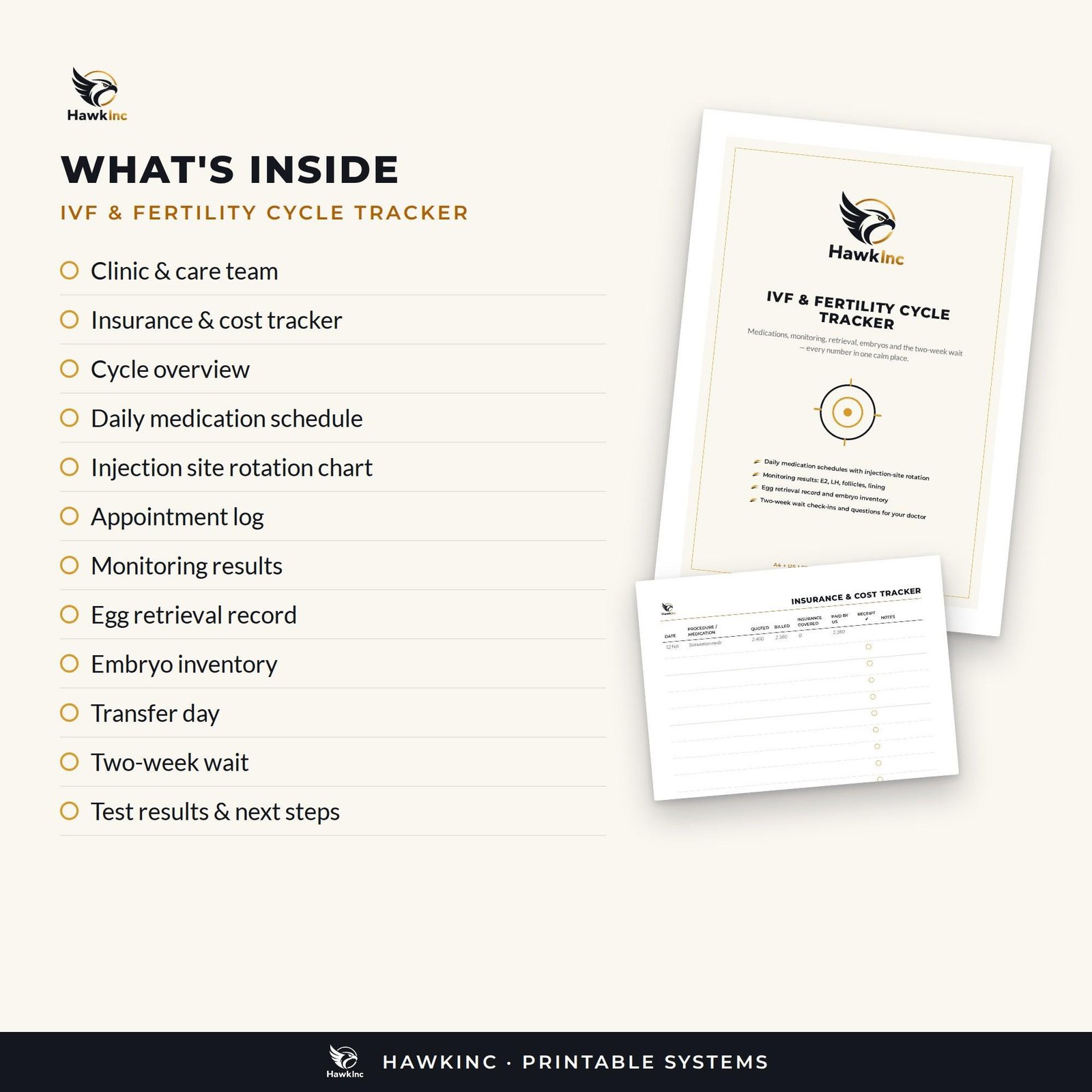 List of IVF tracker pages including injection site rotation chart, monitoring log and embryo inventory