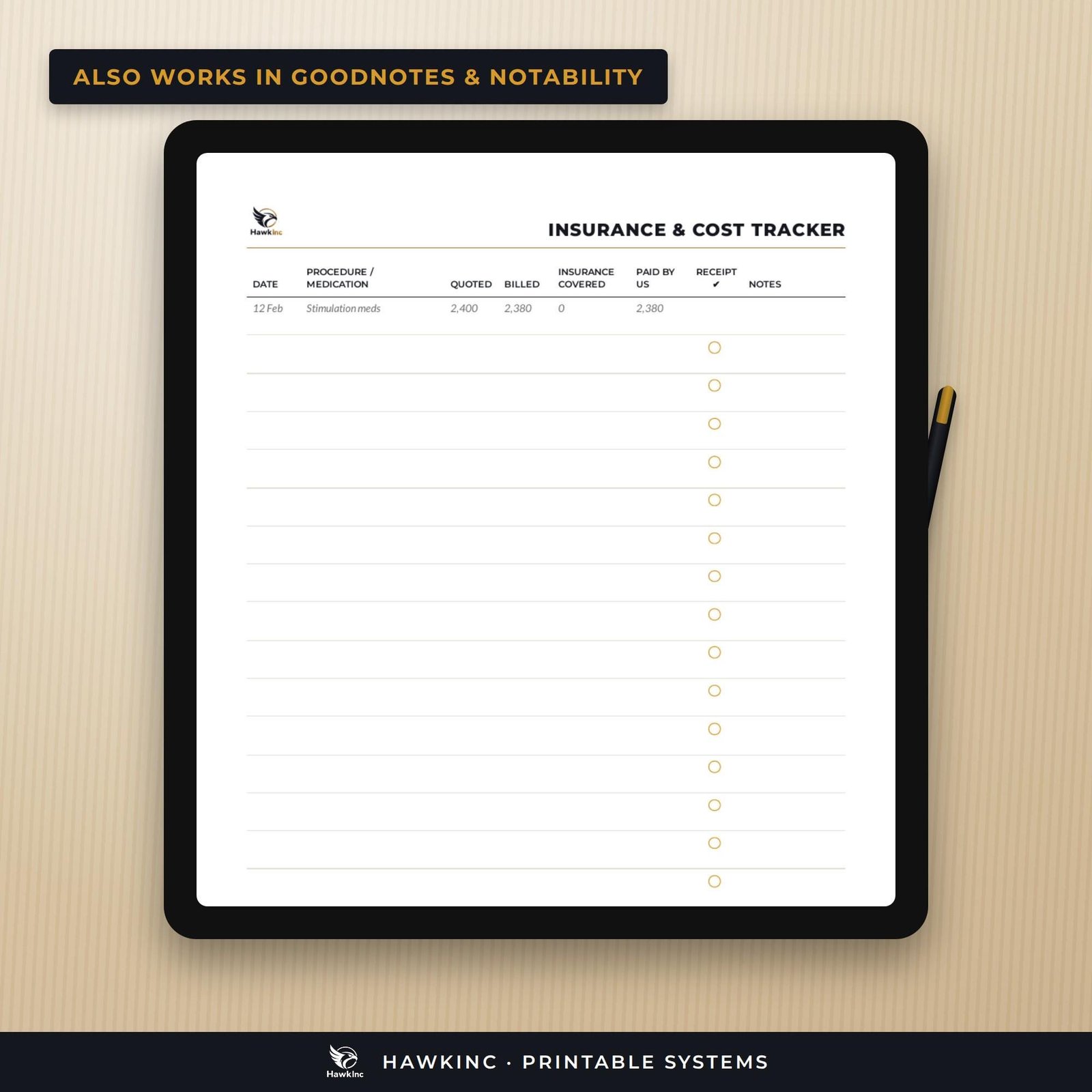 IVF cycle tracker PDF open on a tablet for use in GoodNotes or Notability