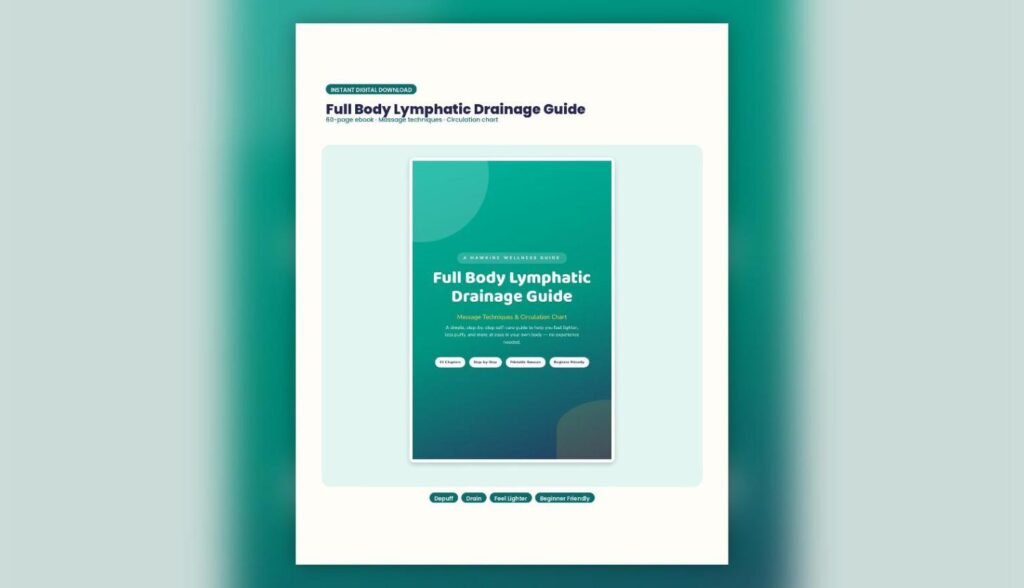 Full Body Lymphatic Drainage Guide ebook cover with massage techniques and circulation chart