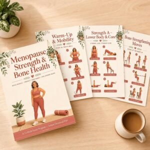 Menopause workout plan PDF pages showing warm-up, lower body and bone-strengthening moves