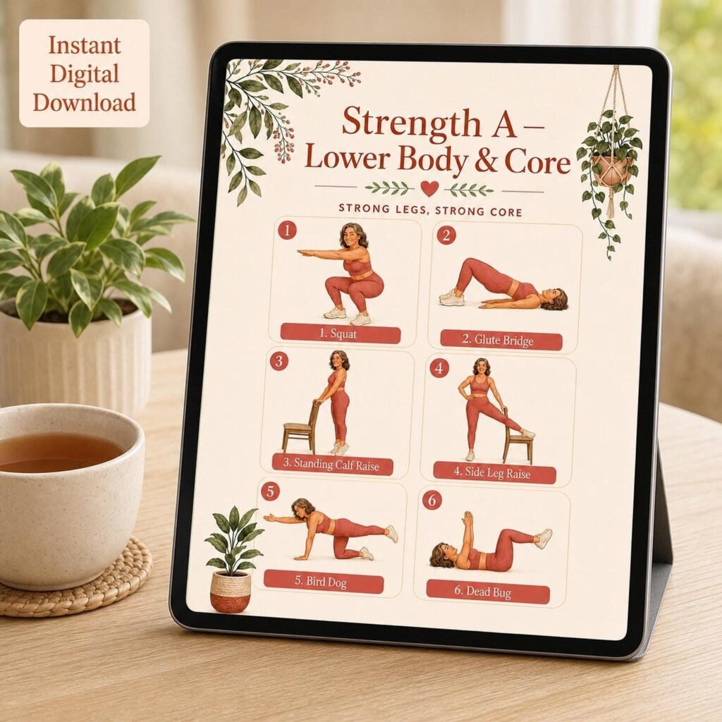 Strength A lower body and core workout page shown on a tablet