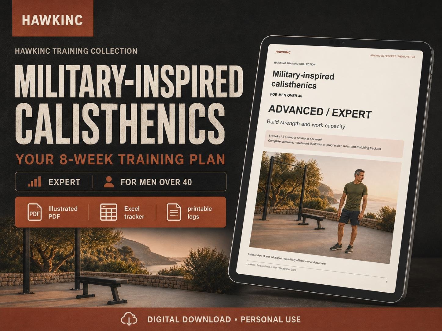 Military calisthenics workout plan by HawkInc shown on a tablet