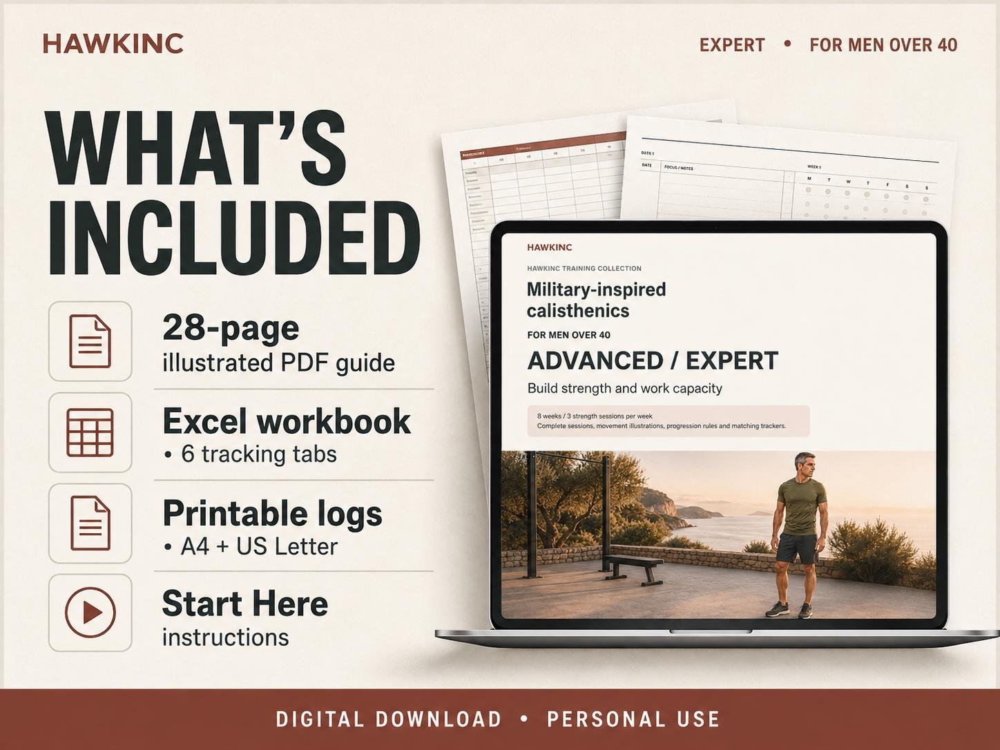 Laptop showing the 28-page PDF guide, Excel workbook and printable logs included in the plan