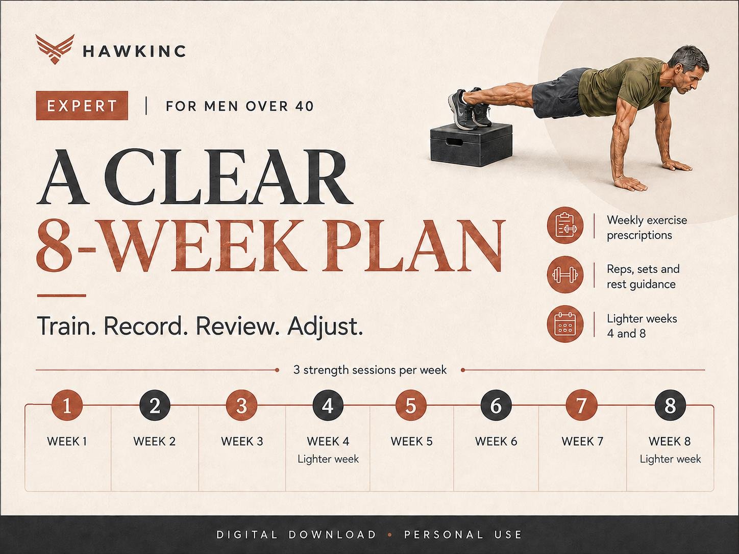 8-week bodyweight training schedule with sets, reps, rest and lighter weeks 4 and 8