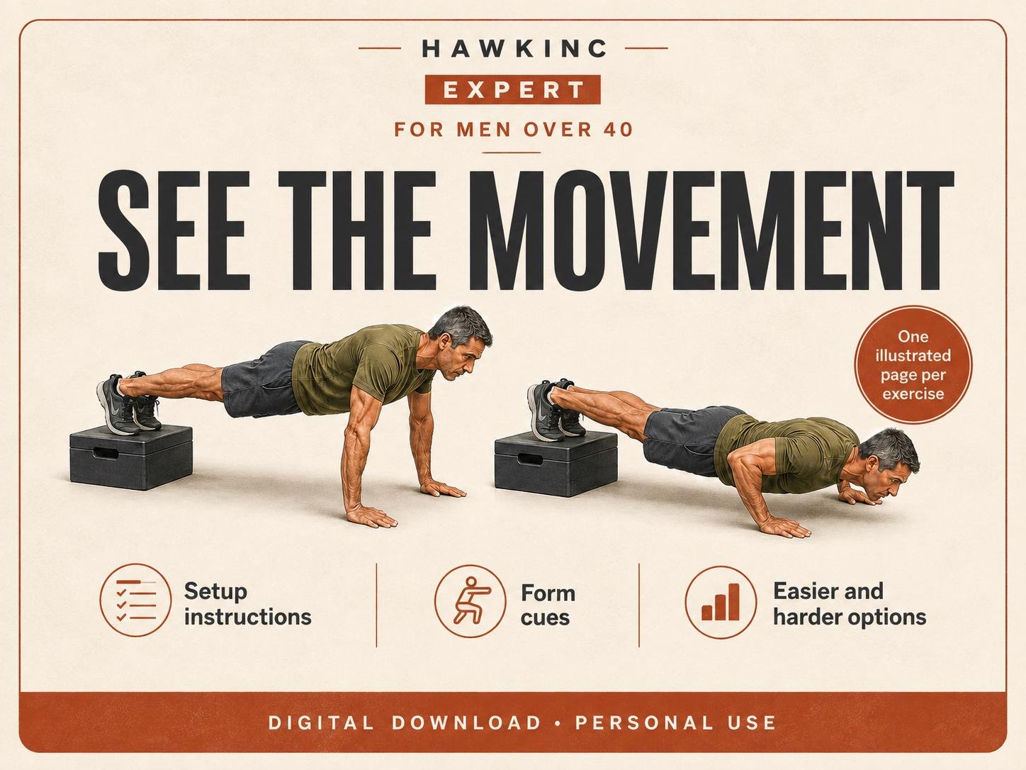 Illustrated decline push-up page with setup steps and form cues