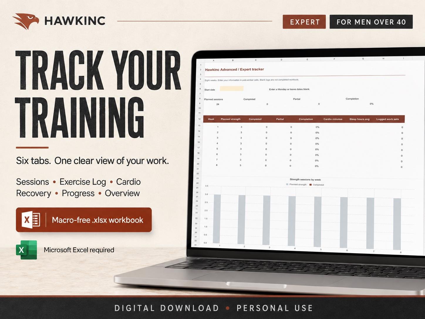 Excel training tracker with six tabs: Sessions, Exercise Log, Cardio, Recovery, Progress, Overview