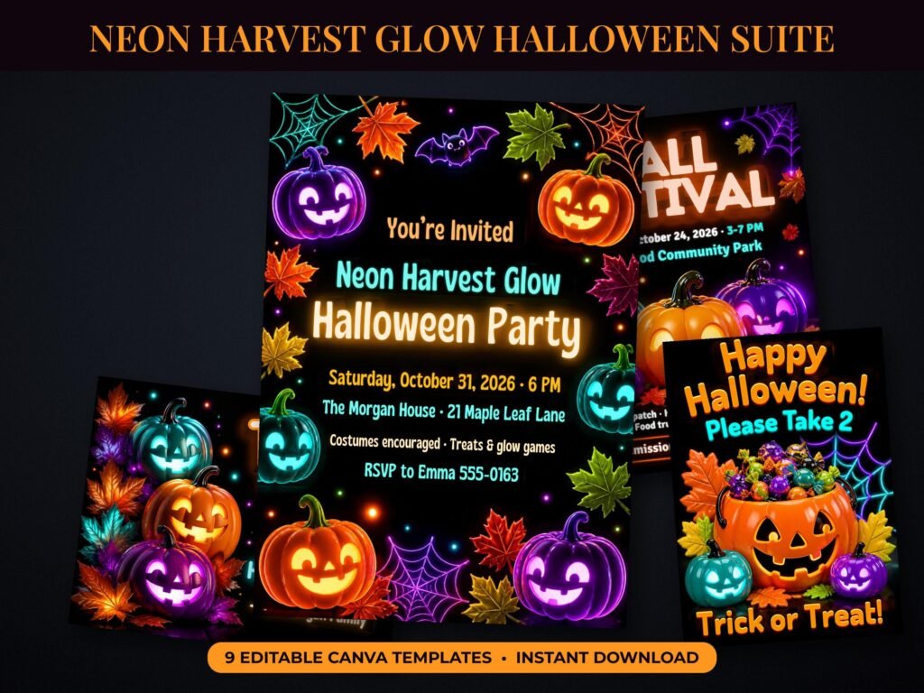 Neon Harvest Glow Halloween party suite with glowing orange, teal and purple jack-o-lanterns