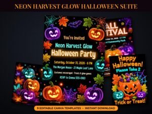 Neon Harvest Glow Halloween party suite with glowing orange, teal and purple jack-o-lanterns