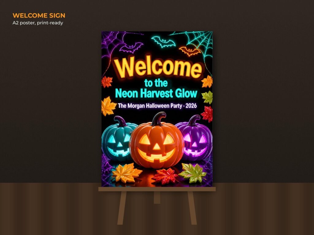 Neon Halloween party welcome sign on an easel with glowing jack-o-lanterns