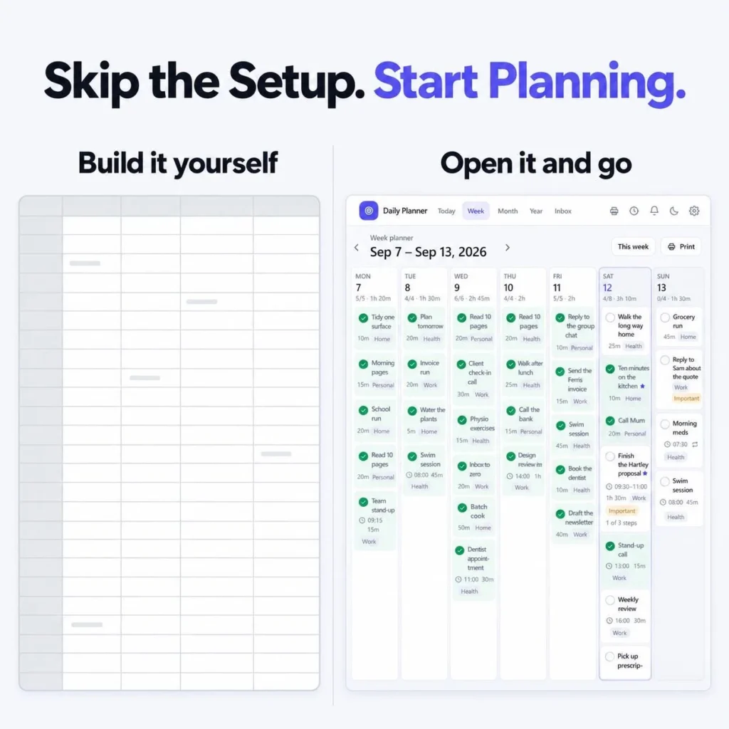 Comparison of an empty build-it-yourself planner grid next to the ready-to-use weekly planner template filled with tasks