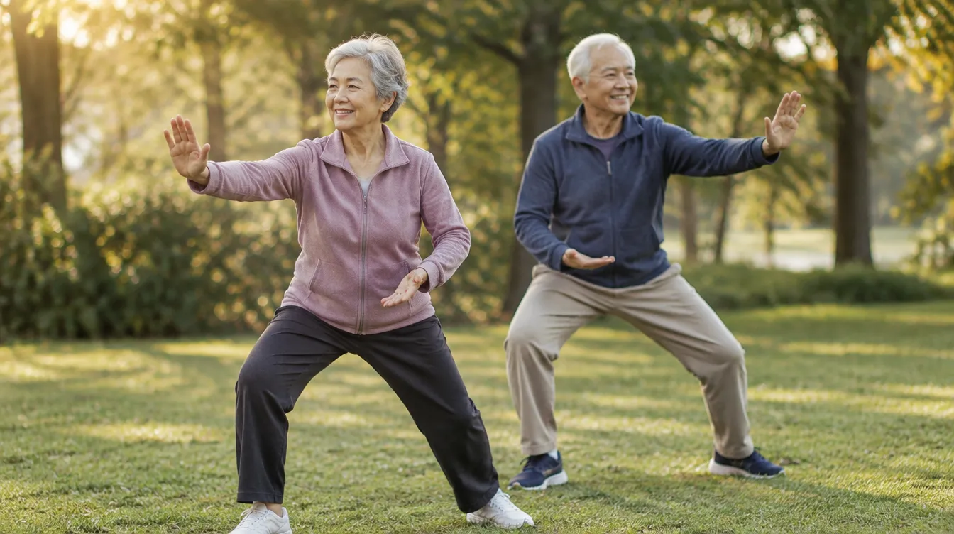 Older couple practicing tai chi together in a park at golden hour
