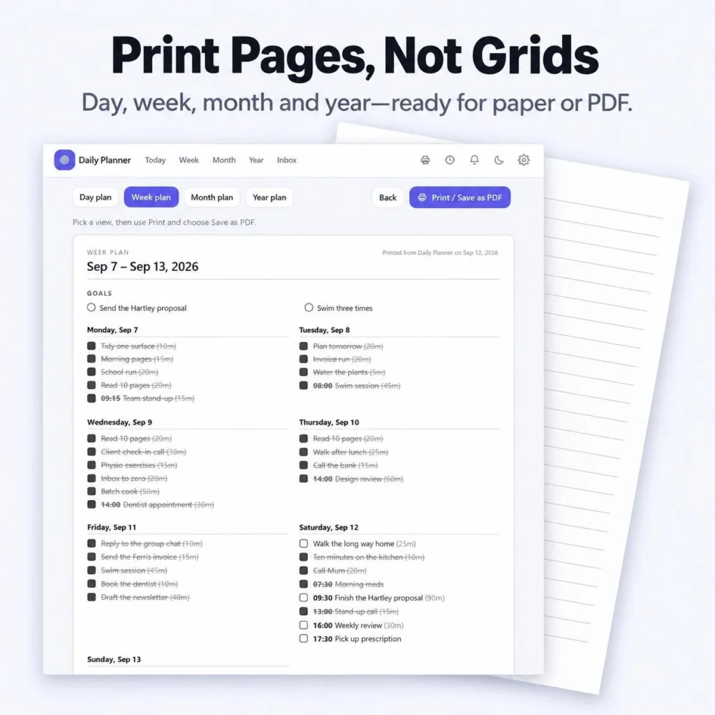 Printable weekly planner PDF page with daily task checklists, ready to print for day, week, month and year planning