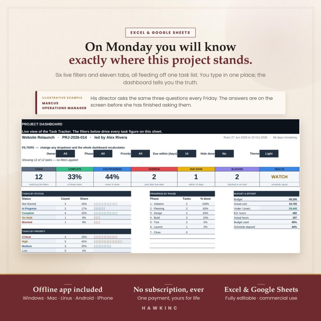 Project management dashboard Excel template showing task metrics, progress by phase and budget