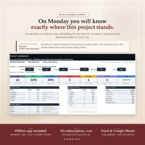Project management dashboard Excel template showing task metrics, progress by phase and budget