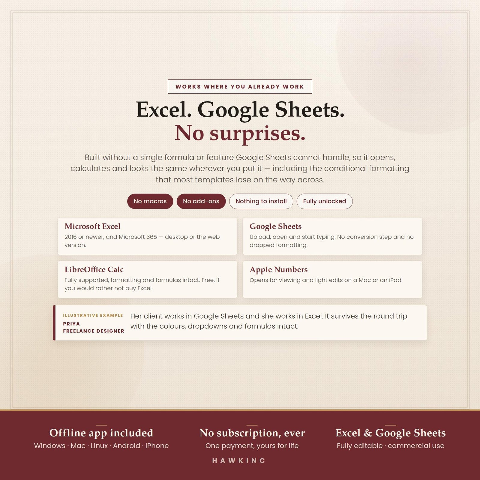 Compatibility graphic: works in Microsoft Excel, Google Sheets, LibreOffice Calc and Apple Numbers with no macros or add-ons