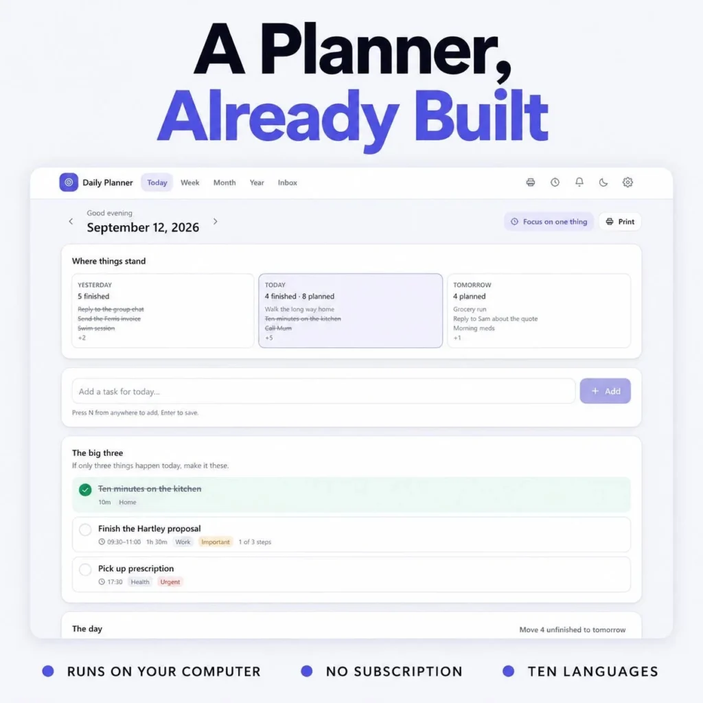 Ready-made daily planner dashboard showing the Today page that runs on your computer with no subscription and ten languages