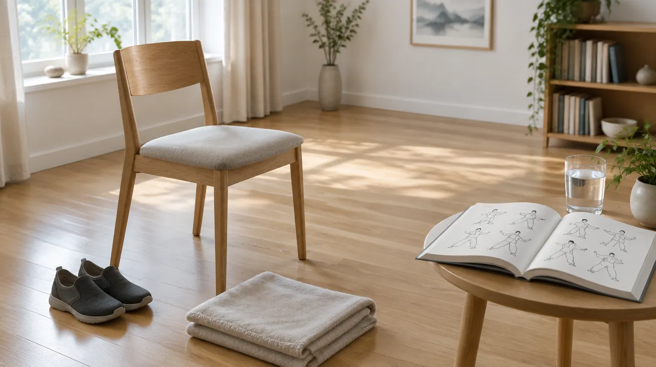 Safe home tai chi space with sturdy chair, non-slip shoes and illustrated guide