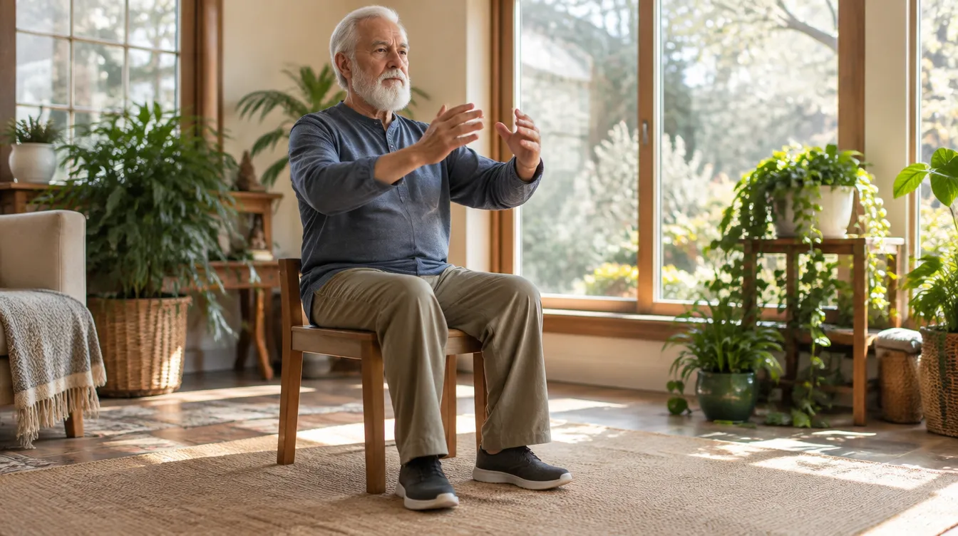 Tai chi for seniors: older man practicing seated chair tai chi with arms raised gently