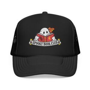 Black foam trucker hat with a ghost reading a red book above a Spooky Book Club ribbon