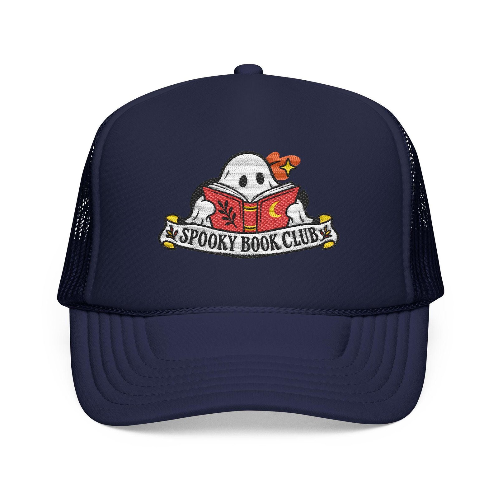 Dark navy trucker hat with the ghost reading a book Spooky Book Club patch