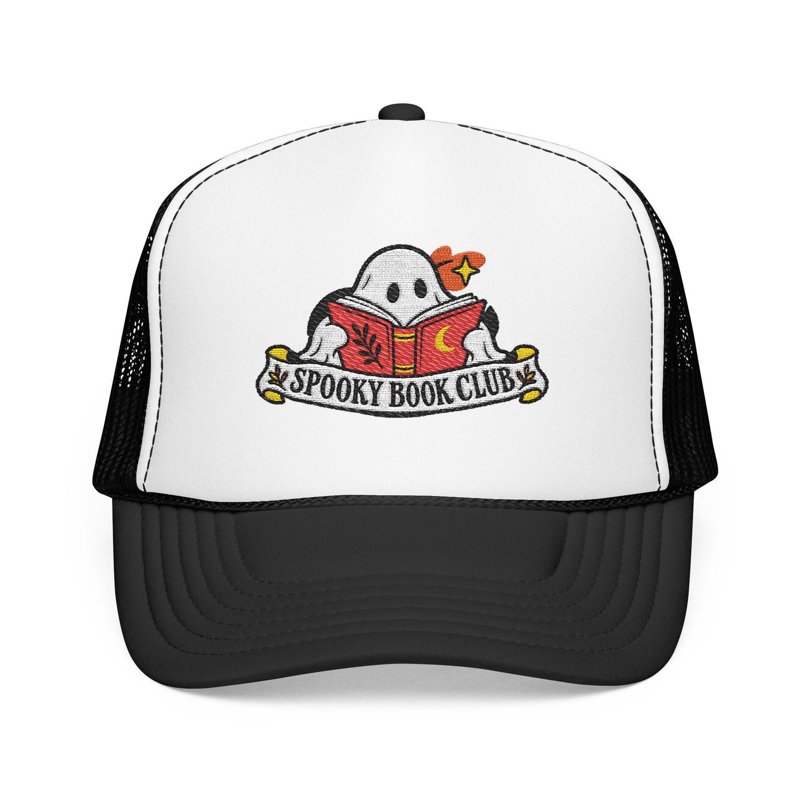 White front, black visor trucker hat with the Spooky Book Club ghost design