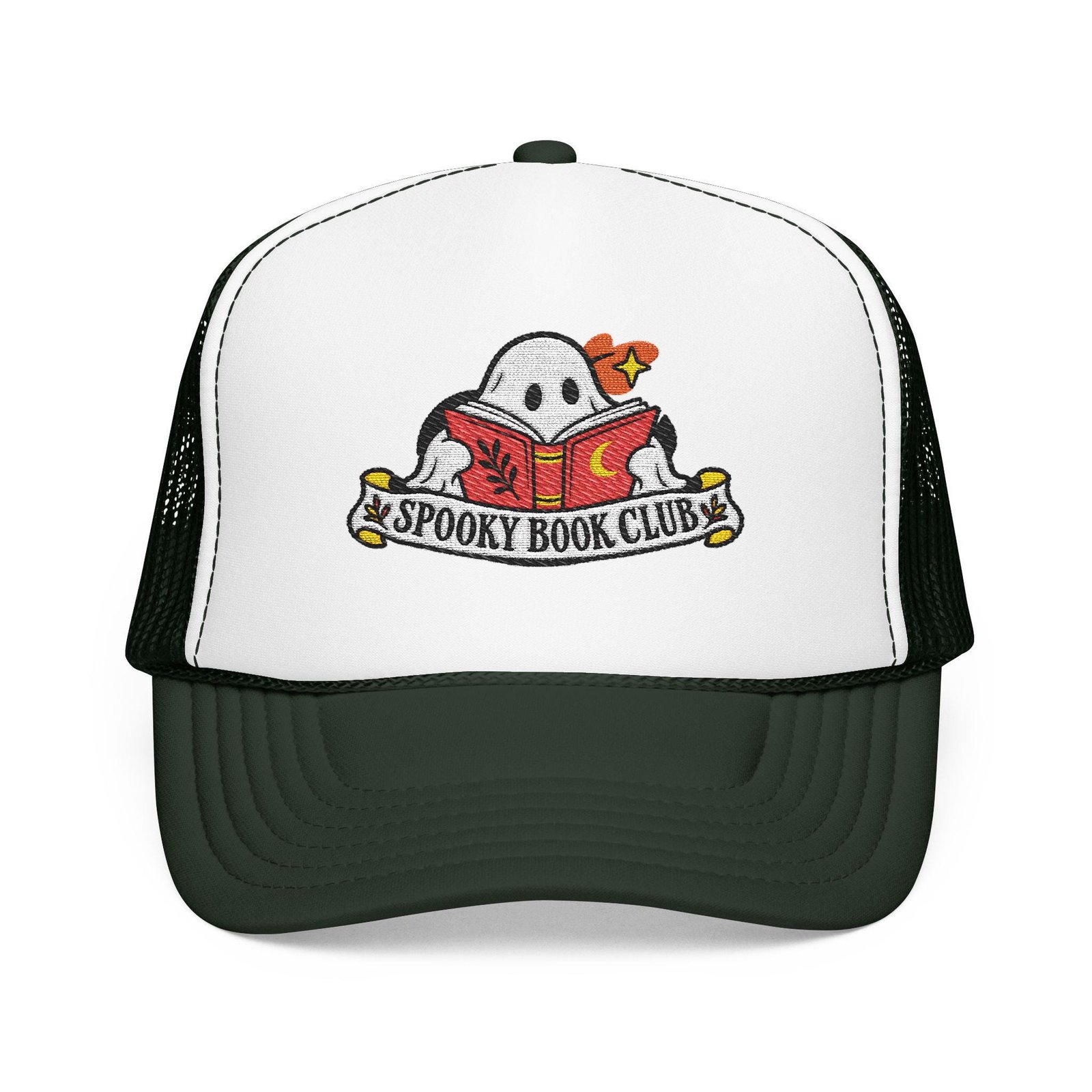 White front trucker hat with a dark green visor and the Spooky Book Club ghost patch